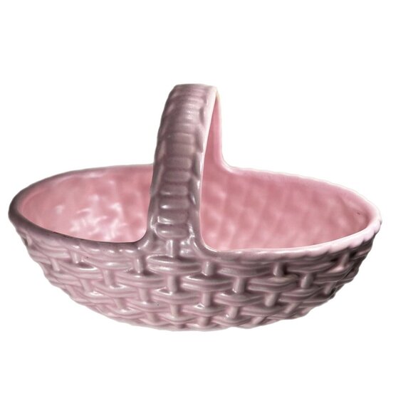 Vintage Royal Haeger USA Pink Pottery Woven Handled Basket Planter Serving Decor - Picture 2 of 7